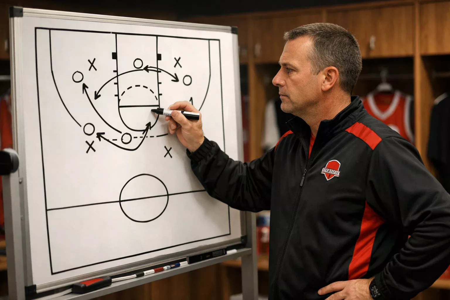 Allenatore di basket che spiega la tattica alla lavagna con diagrammi
