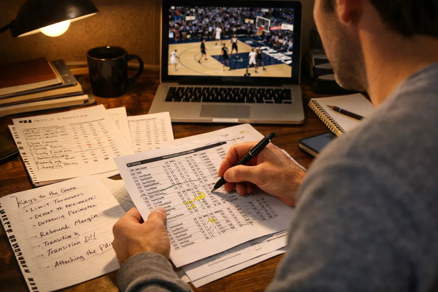 Persona che analizza statistiche di una partita di basket con appunti