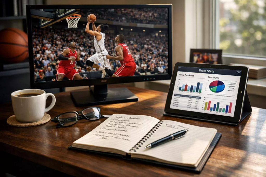Postazione di lavoro di un analista sportivo con monitor che mostra statistiche basket e grafici