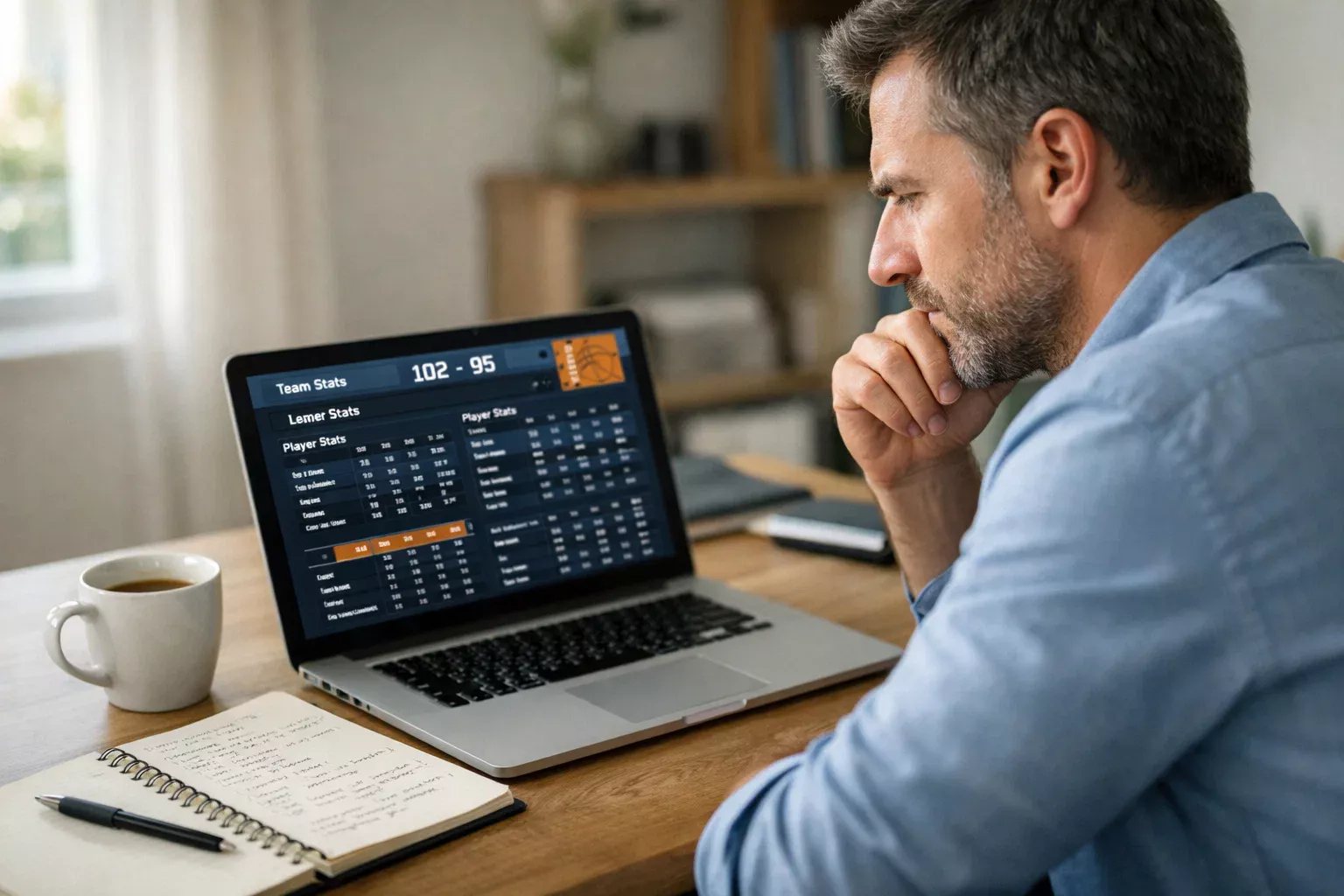 Analista sportivo che studia partite di basket su laptop con appunti