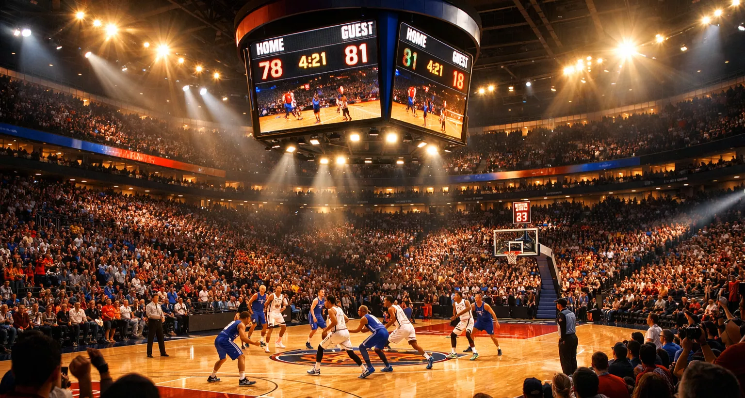 Arena di basket illuminata durante una partita serale con tifosi sugli spalti