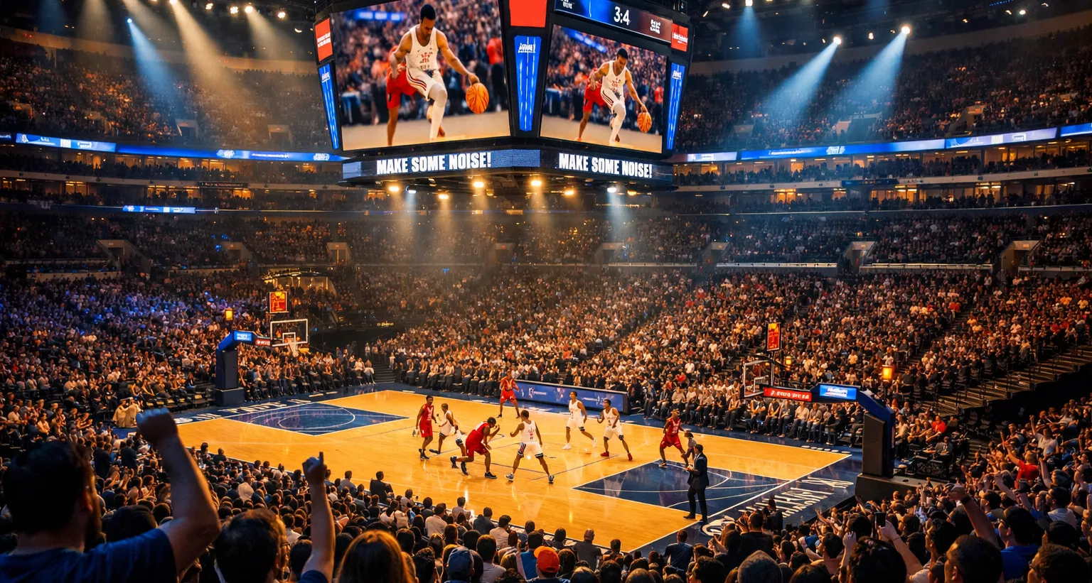 Arena NBA illuminata durante una partita notturna con giocatori in campo