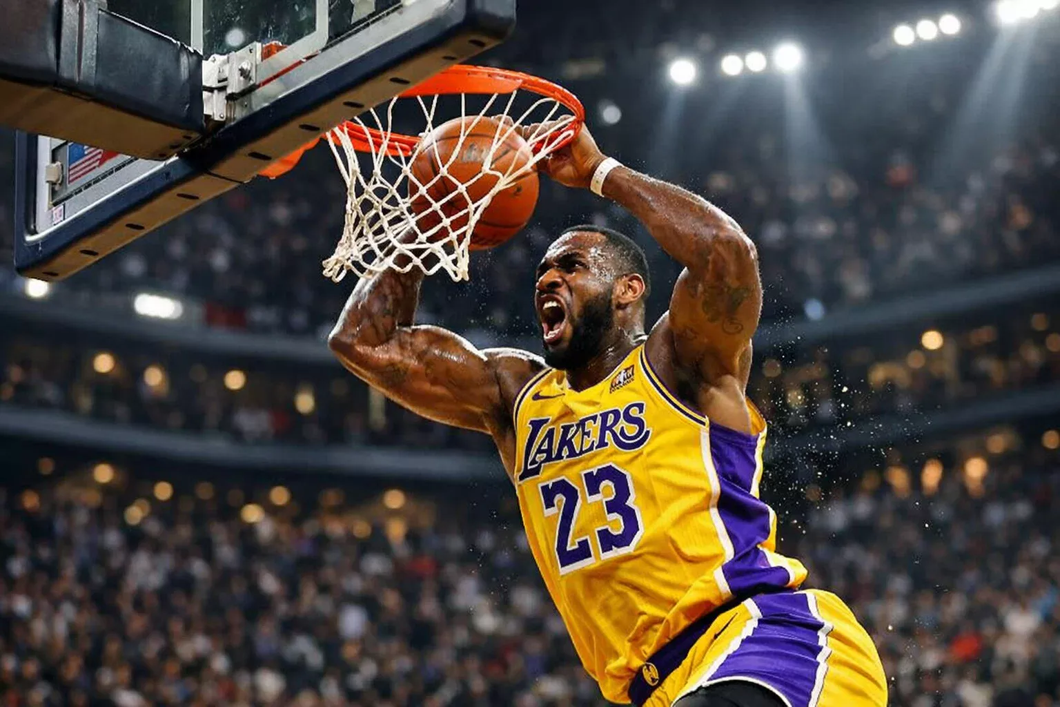 Giocatore NBA che segna un canestro durante una partita ad alto punteggio