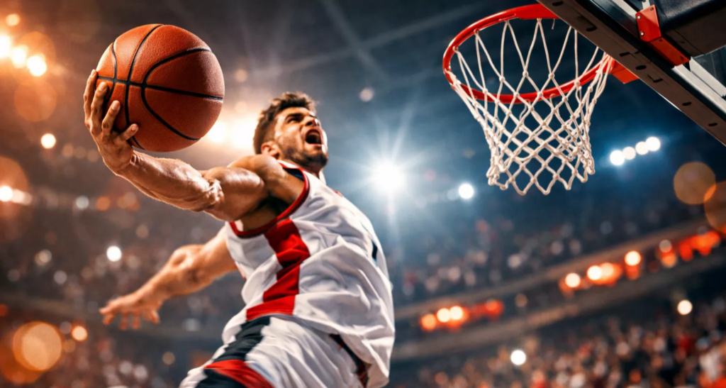 Giocatore di basket in azione durante una schiacciata spettacolare in arena