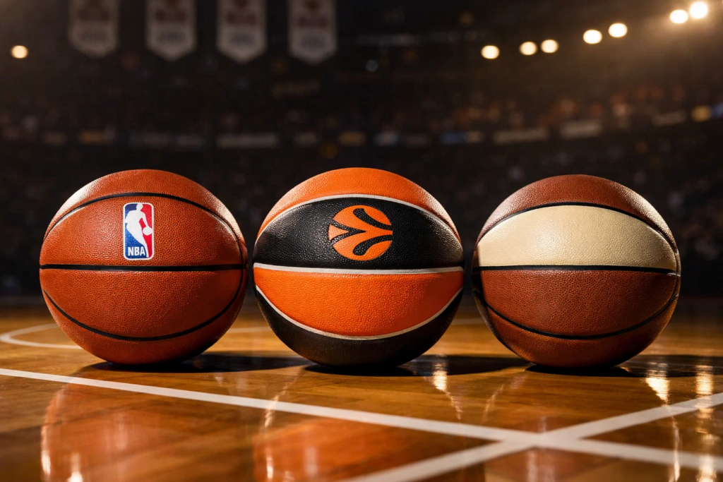 Tre palloni da basket professionali su parquet lucido con illuminazione drammatica da arena