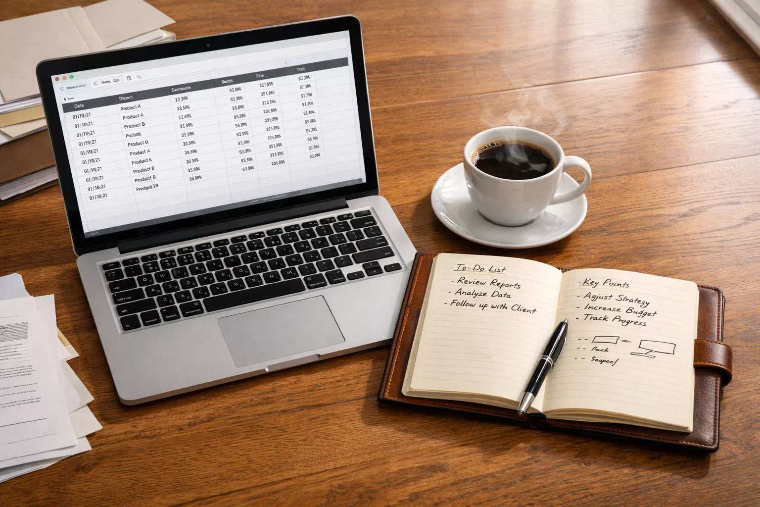 Scrivania di lavoro con notebook aperto su fogli di calcolo, taccuino con annotazioni e tazza di caffè in ambiente professionale