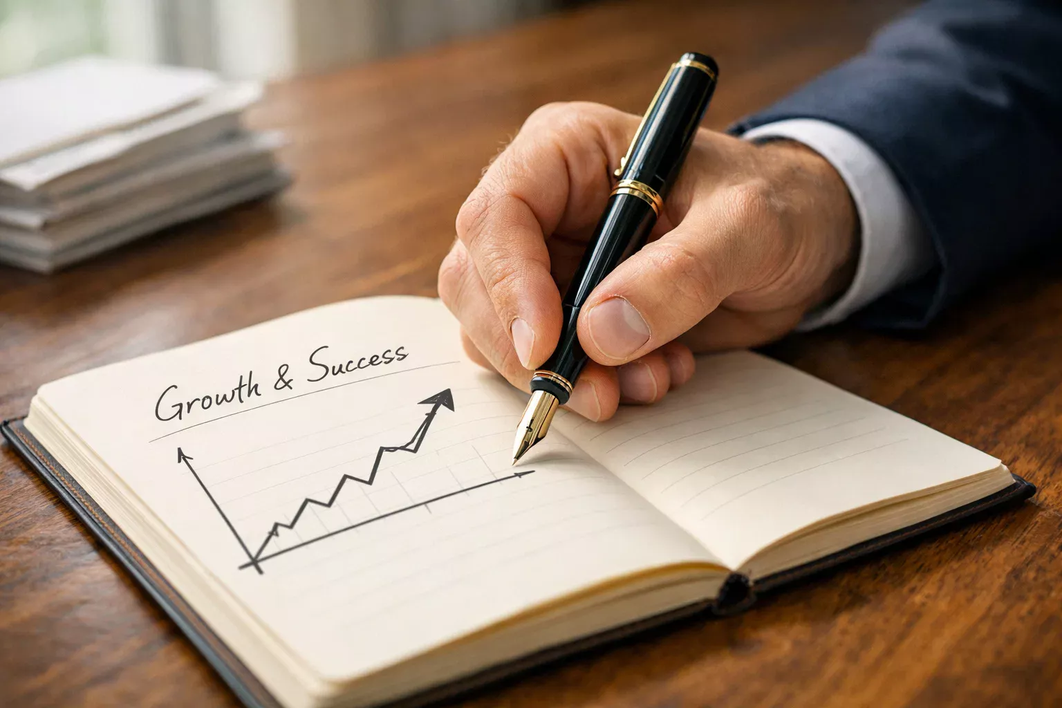 Mano che scrive su un quaderno con grafici di progressione finanziaria e penna stilografica su scrivania ordinata