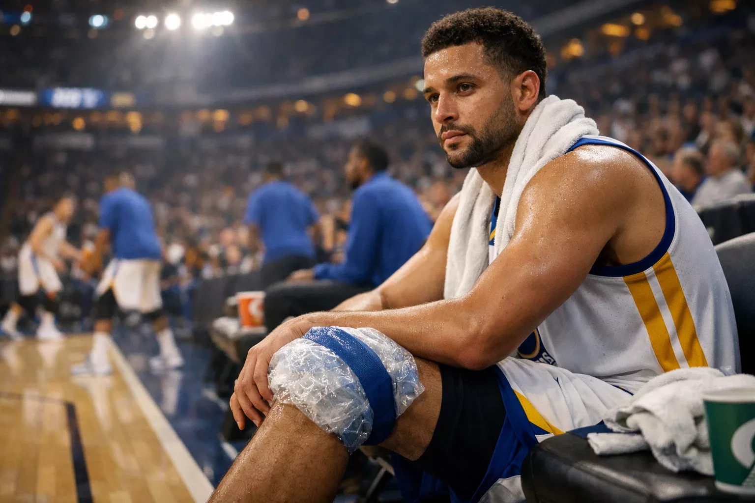 Giocatore di basket seduto in panchina con ghiaccio sul ginocchio per infortunio