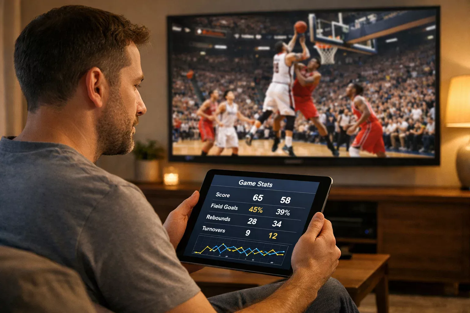 Persona concentrata che guarda una partita di basket su grande schermo TV mentre consulta il tablet con dati in tempo reale