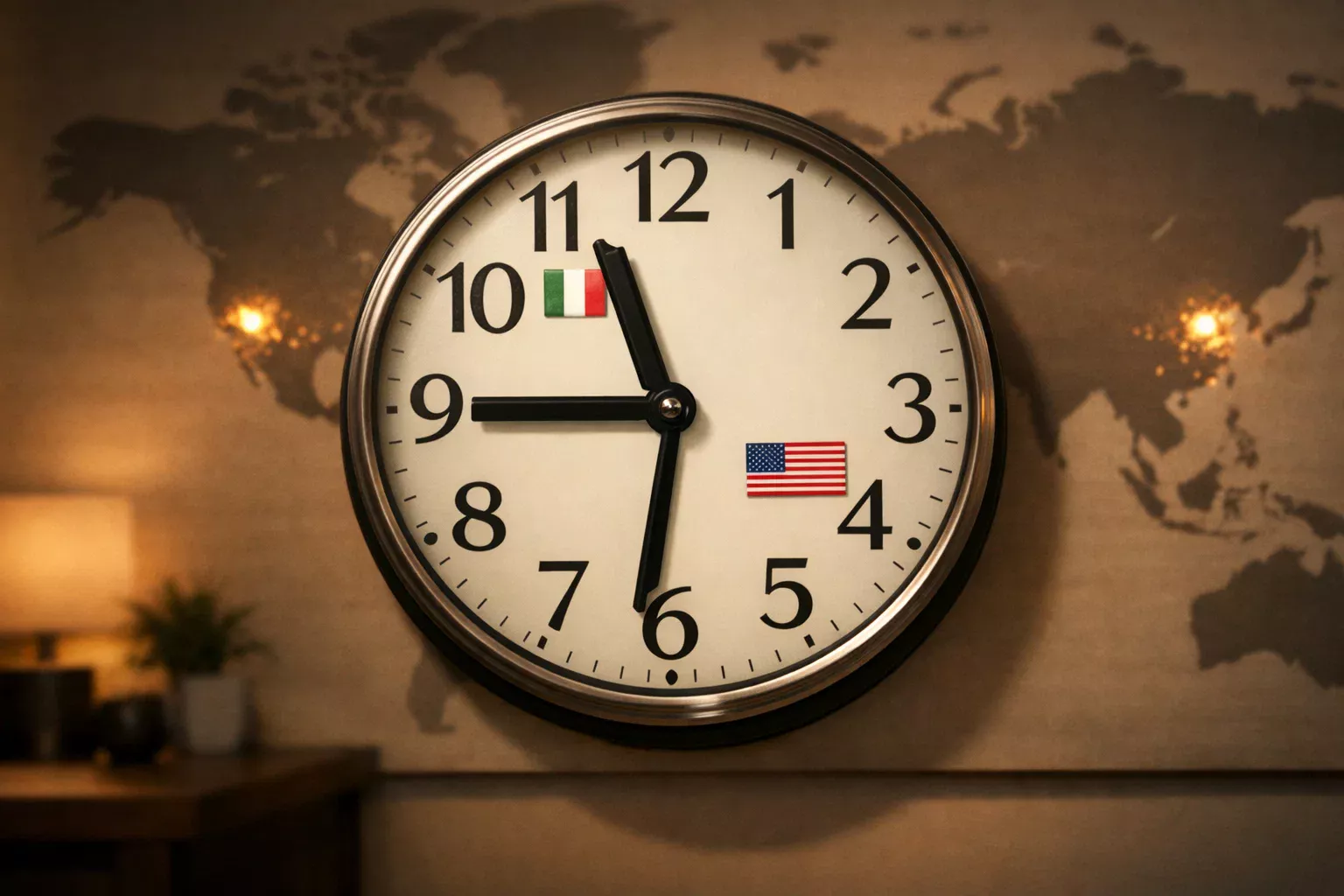 Orologio che mostra la differenza di fuso orario tra Italia e Stati Uniti