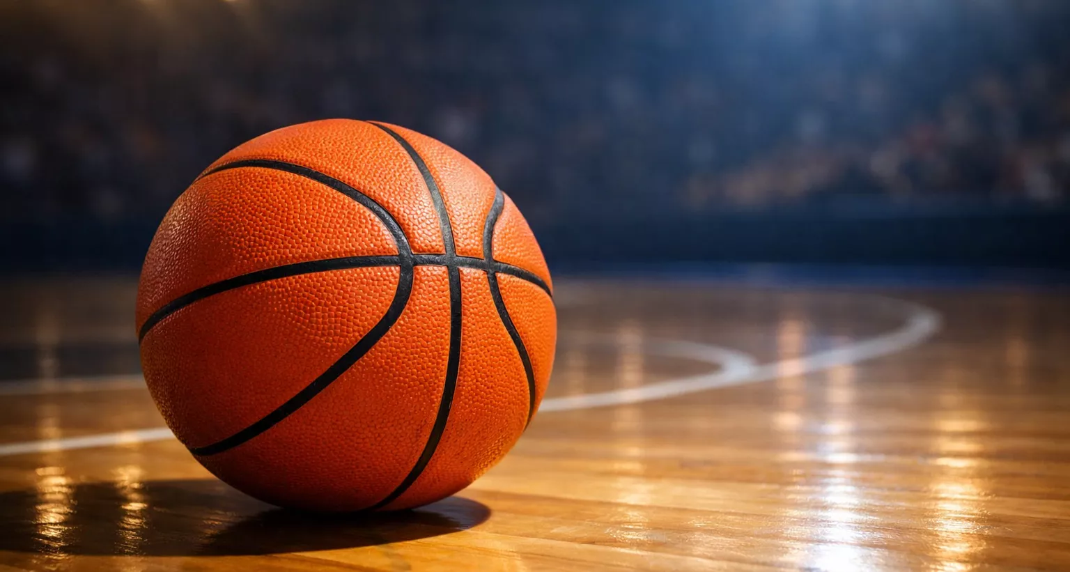 Pallone da basket su un campo da gioco professionistico illuminato