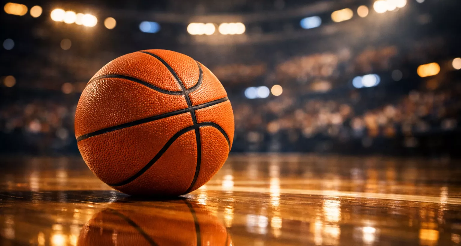 Pallone da basket su parquet lucido con riflessi delle luci dell'arena