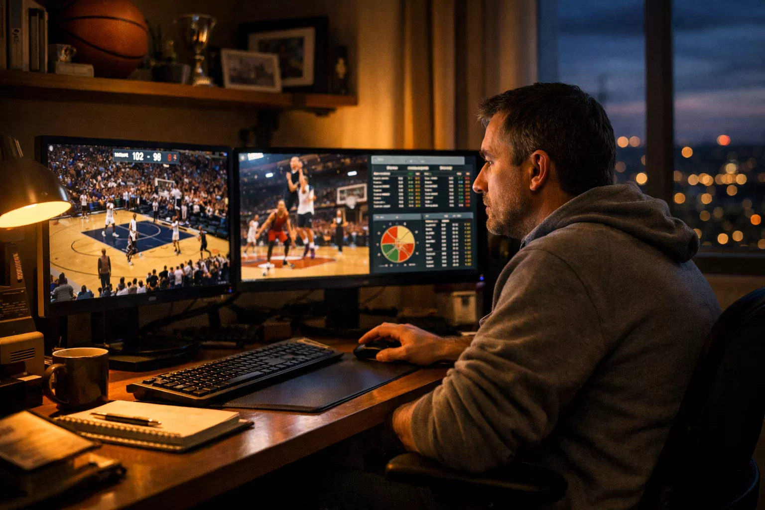 Persona alla scrivania durante la serata che analizza partite di basket su schermo