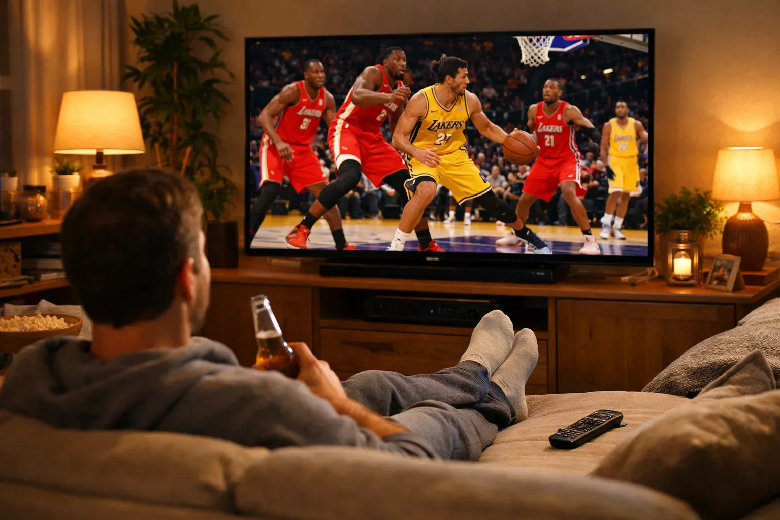 Persona che guarda una partita di basket in TV dal divano di casa