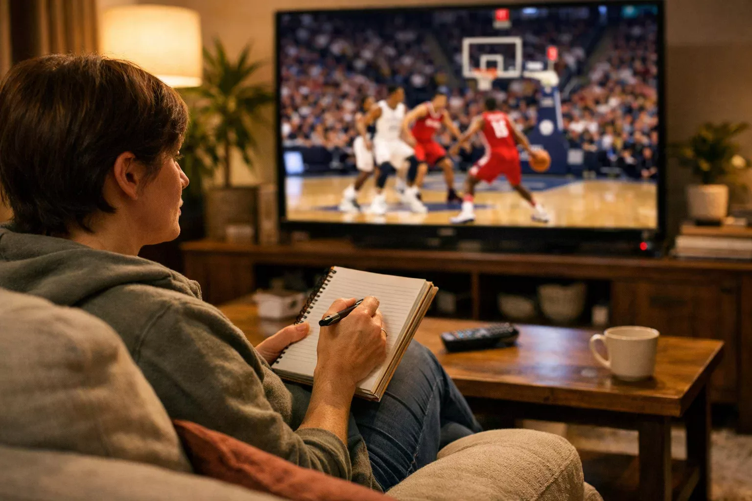 Persona che prende appunti mentre guarda una partita di basket in televisione
