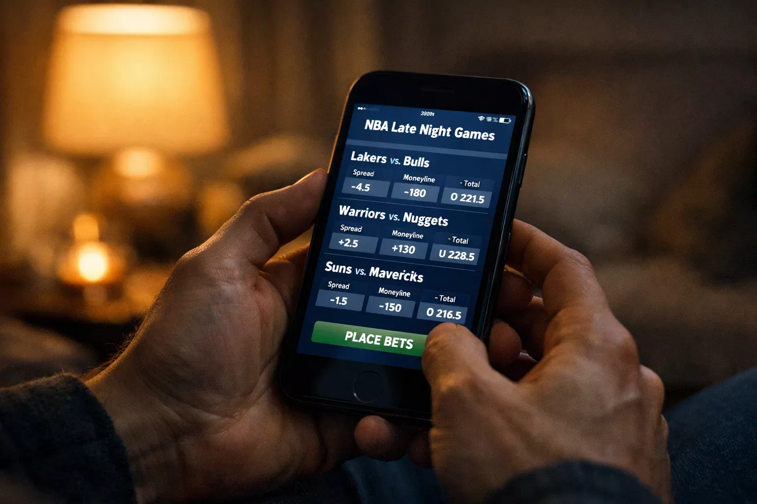 Persona che controlla scommesse NBA sullo smartphone durante la notte