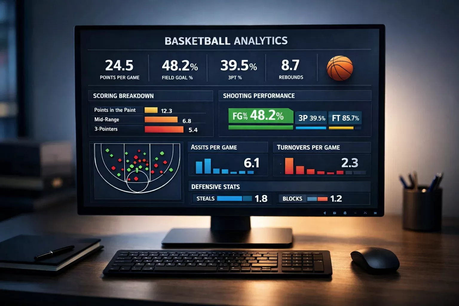 Schermo del computer con statistiche avanzate di una partita di basket