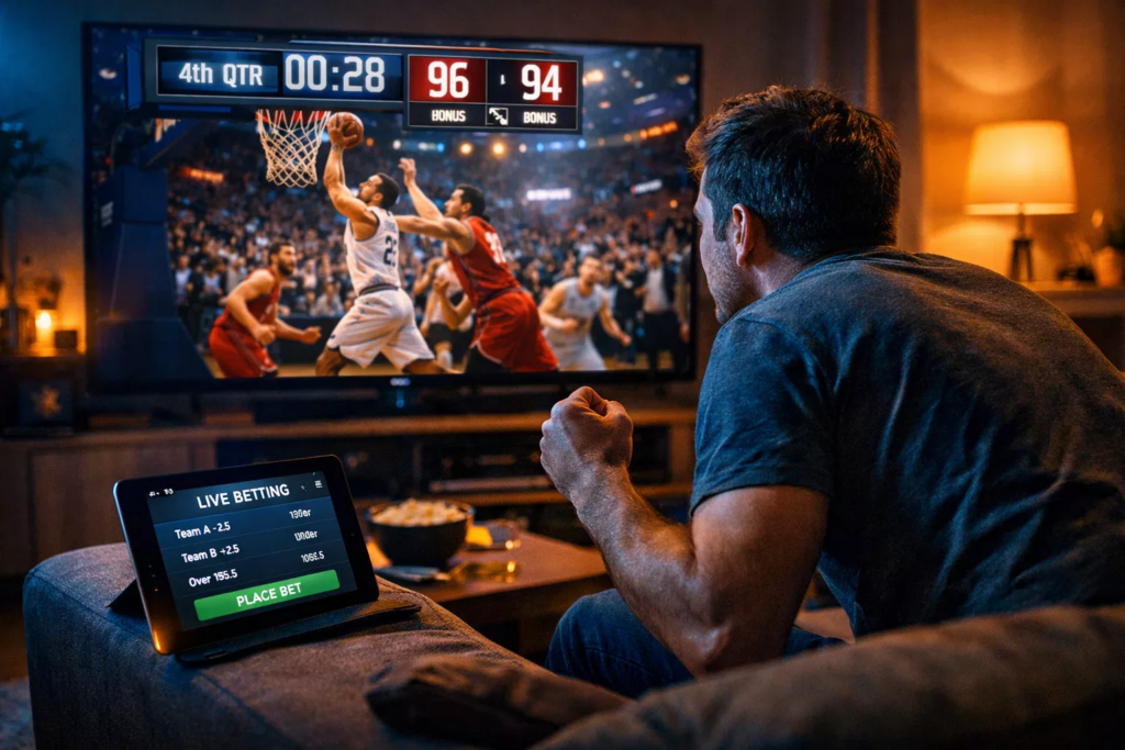 Persona che guarda una partita di basket emozionante in TV con tablet che mostra quote live sul divano