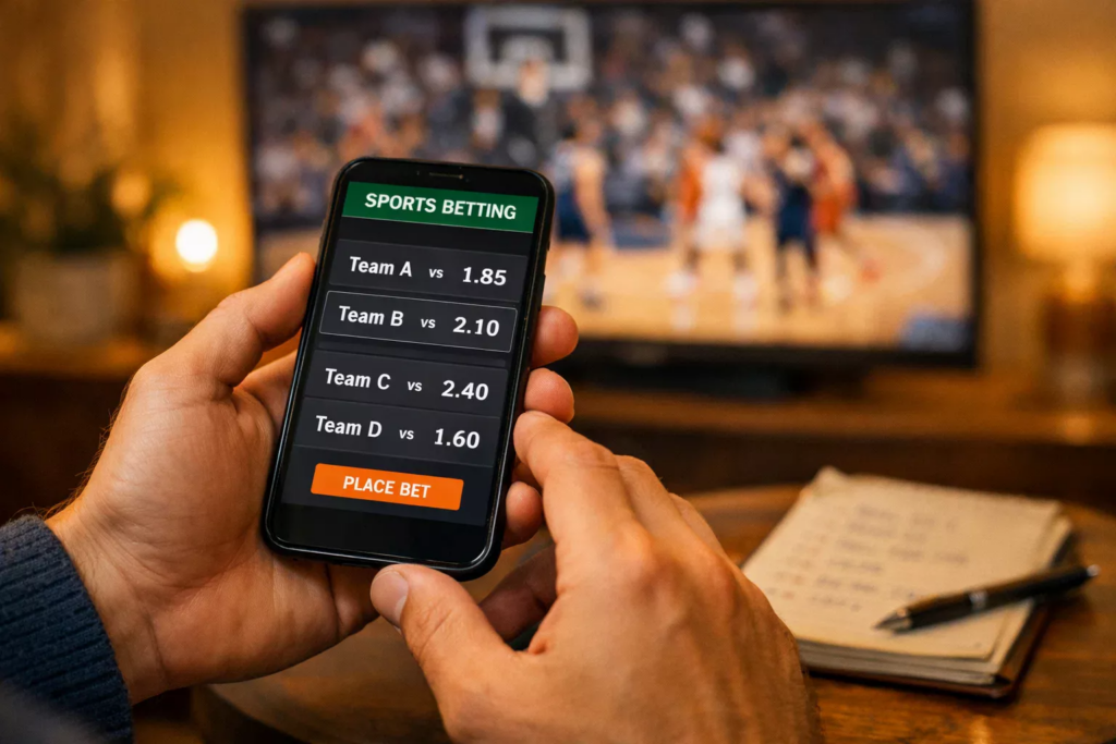 Mani che tengono uno smartphone con app di scommesse sportive, partita di basket in TV sullo sfondo