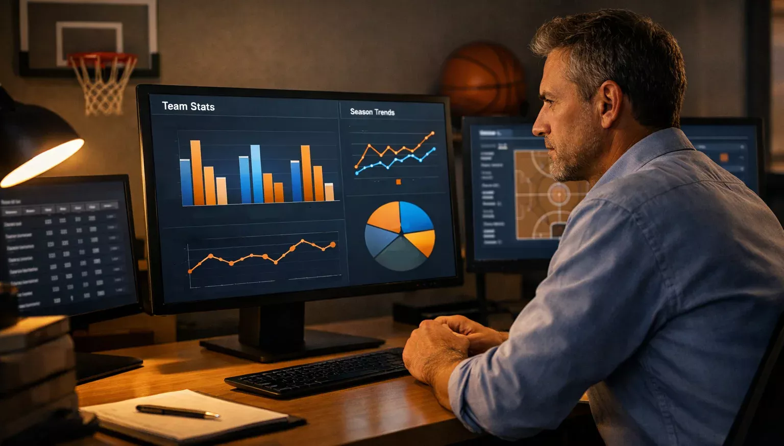 Analista sportivo che studia statistiche di pallacanestro su monitor multipli con grafici e dati delle squadre