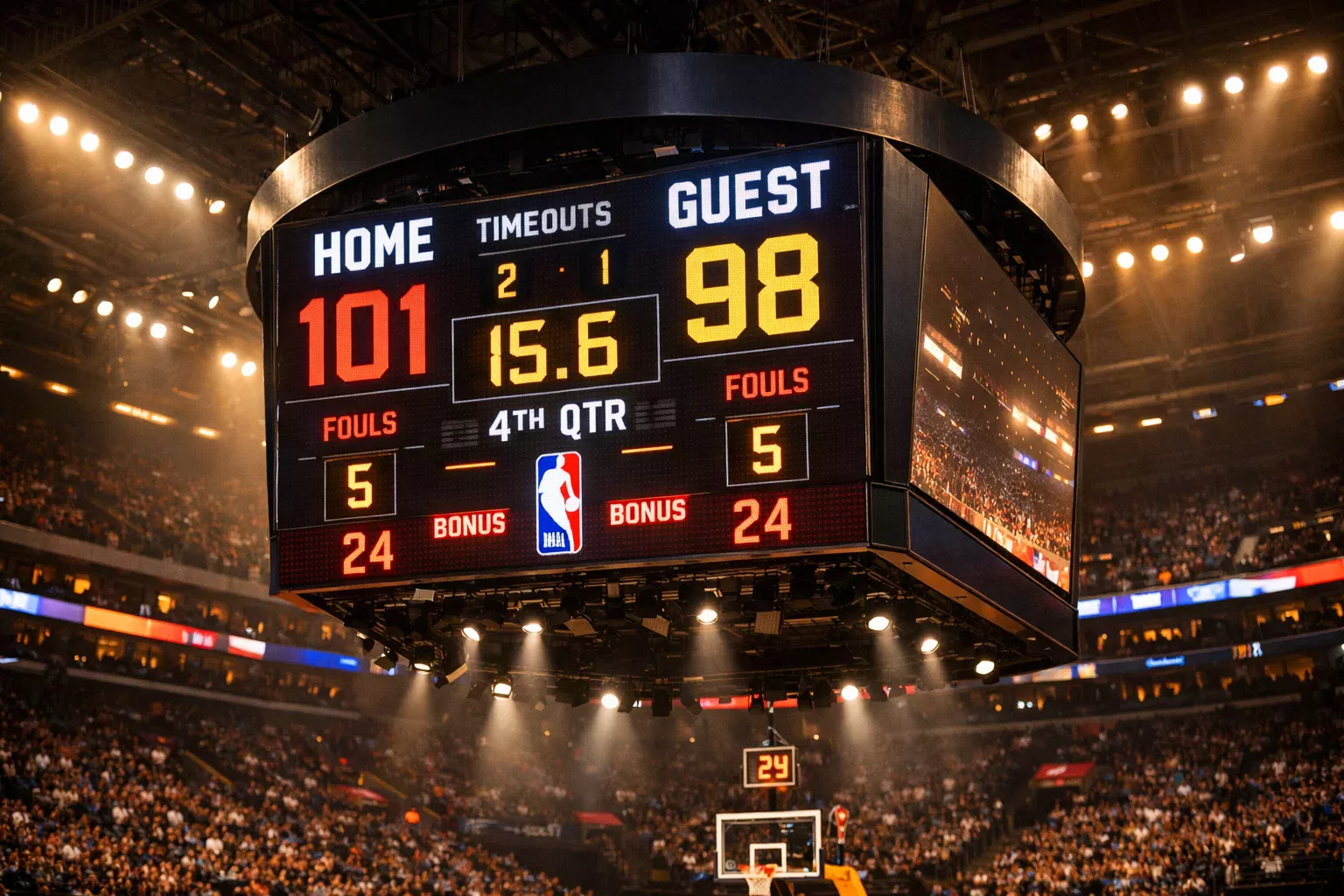 Tabellone segnapunti di una partita NBA con punteggio ravvicinato