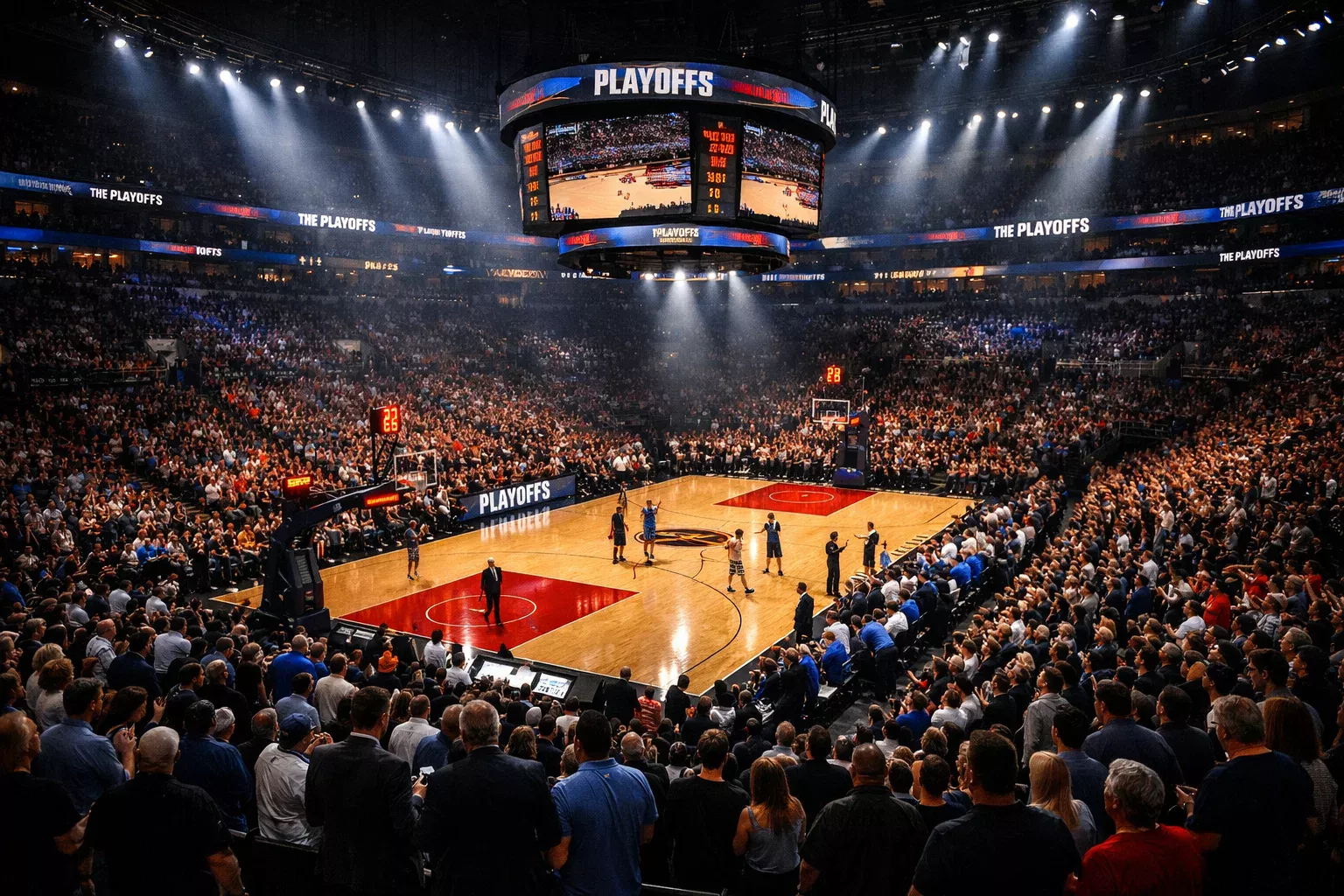 Arena di pallacanestro durante i playoff con atmosfera intensa, spalti pieni e illuminazione drammatica sul parquet